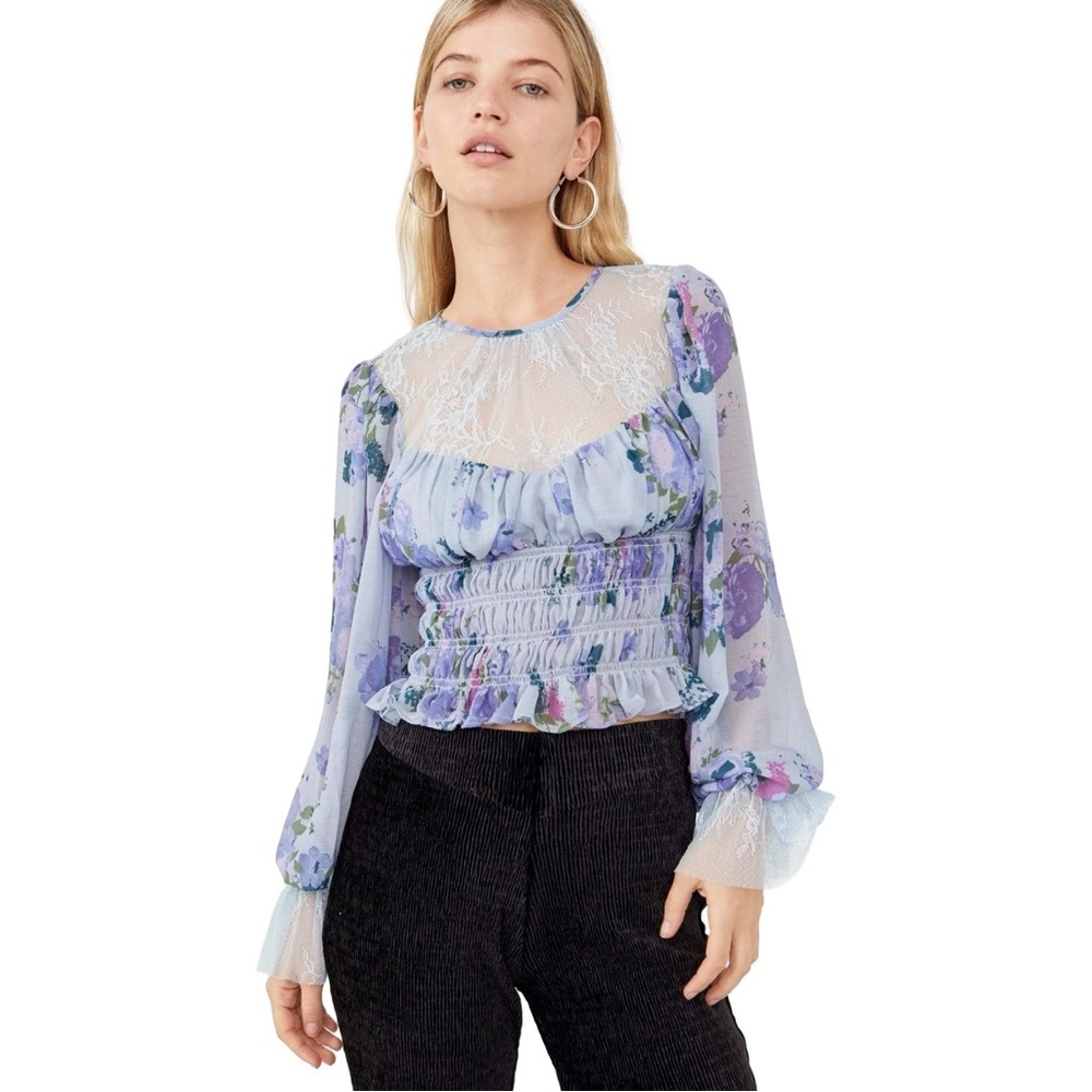Free People Daphne Floral Lace Blouse Blue Combo NWT Small - Picture 11 of 13